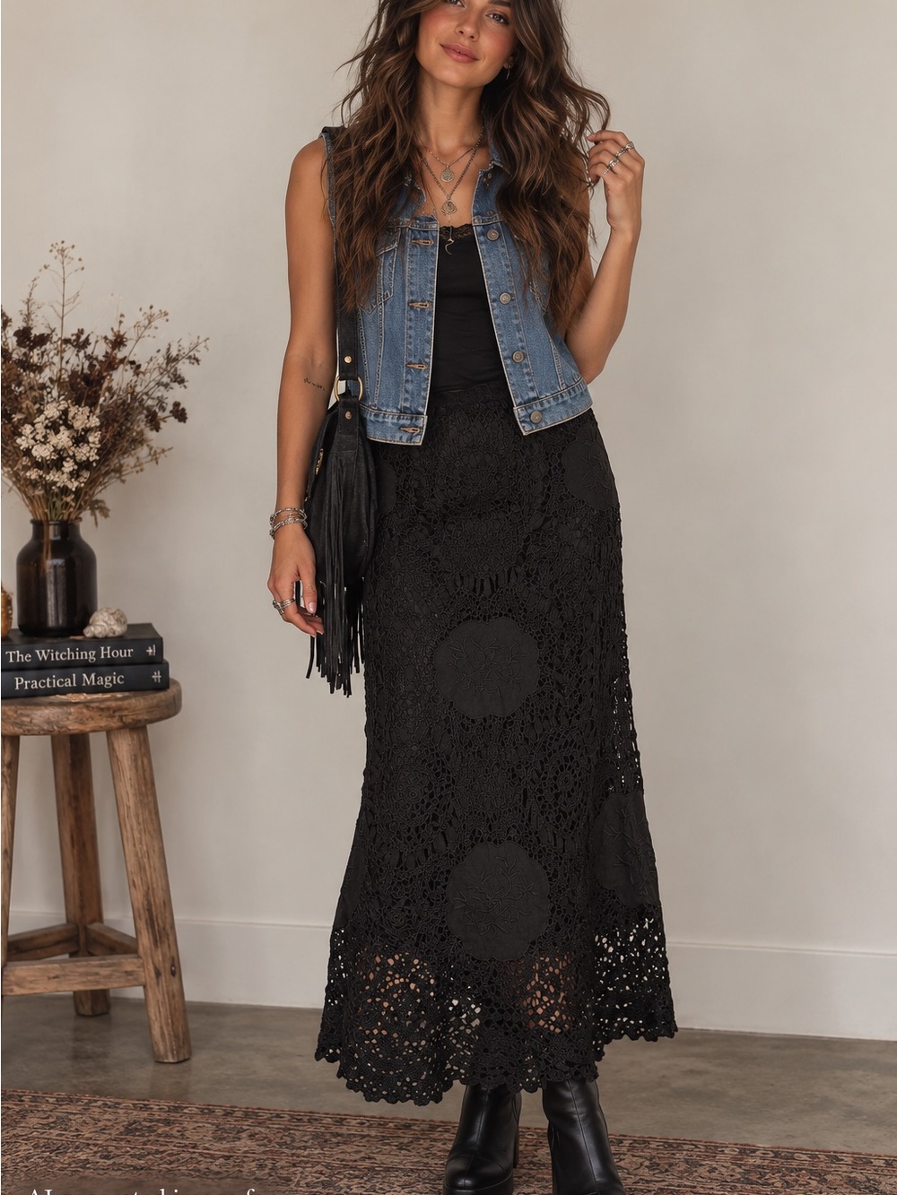 Very Vera Black Crochet Lace Maxi Skirt M Whimsigoth Romantic Goth Boho